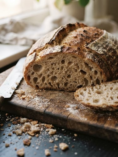 Close-up macro food shot of a rustic sourdough bread sliced on a wooden board, warm natural window light, crumbs on dark table, 35mm film style