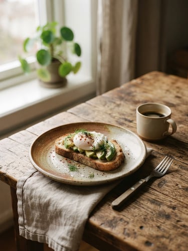 Close-up of a rustic wooden table with a ceramic plate, soft natural window light casting deep shadows, warm Scandinavian editorial aesthetic, 35mm film photograph.