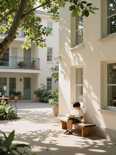 Environmental wide shot of a bright communal courtyard in a residential complex, a child reading a book on a low wooden bench, dappled morning sunlight through a canopy of leaves, cream and sage tones, no people posing—genuine quiet domestic moment