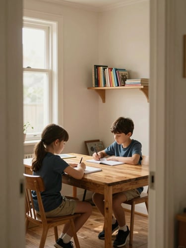 Close environmental shot looking into a tidy study room from the doorway, two children seated side by side at a long wooden table, notebooks open, warm morning light entering from a large window on the left, cream walls with a small shelf of colourful books, quiet domestic order
