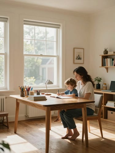 Wide environmental shot inside a bright study room — a mother sitting beside her young child at a wooden table, natural north-facing daylight streaming through a large window, books and stationery visible, warm cream walls, genuine domestic calm, eye-level framing