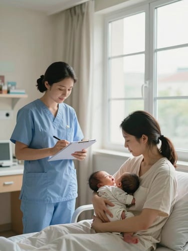 Wide environmental shot inside a bright midwifery room, a midwife calmly reviewing notes beside a young mother seated with her newborn, soft north-facing daylight through a clean window, warm domestic light, clinical but unhurried atmosphere