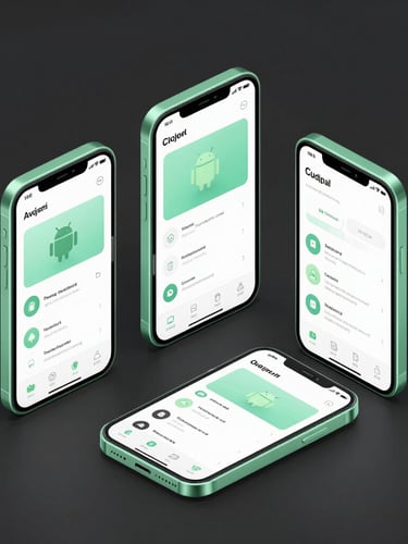 Isometric vector mockup of three Android devices displaying clean application interfaces, sharp mint-green accents, dark slate background, crisp studio lighting.