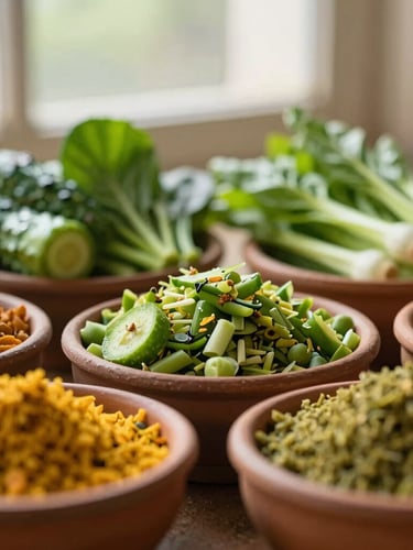 Macro shot of fresh, colorful Maharashtrian vegetables and dals in handmade ceramic bowls, warm morning window light