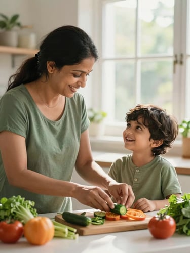 Warm environmental shot of an Indian mother and child laughing in a bright, sunlit kitchen, preparing fresh vegetables, soft natural morning window light, shallow depth of field