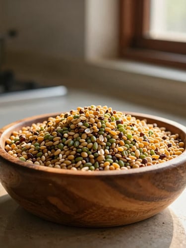 Close-up of golden-hour light shining on a wooden bowl filled with local Maharashtrian grains like jowar and bajra on a rustic kitchen counter, warm editorial photography, shallow depth of field