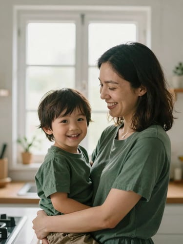 A warm, candid shot of a mother and child smiling together in a sunlit kitchen, soft morning window light, shallow depth of field