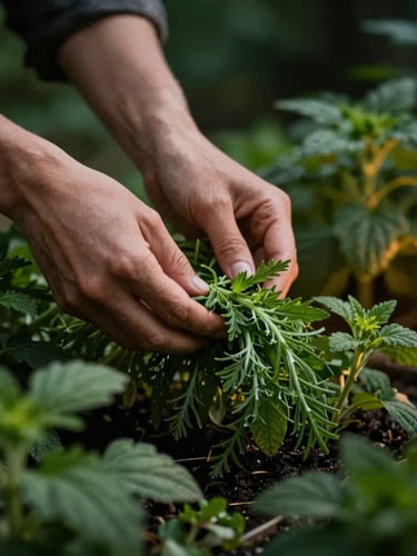 Close-up portrait of hands gently harvesting vibrant green herbs from a lush botanical garden, dramatic chiaroscuro lighting, deep forest greens, shallow depth of field, 35mm, bleeding to the right edge