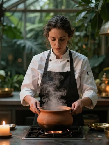 Dramatic portrait of a chef, Elara Vance, focused on a clay pot emitting steam, in a dimly lit botanical greenhouse kitchen, warm candlelight, deep forest greens, shallow depth of field, 35mm