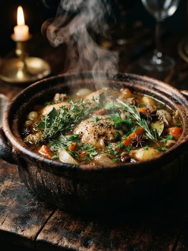 Close-up of a steaming clay pot dish, rich with herbs and spices, on a dark wooden table. Dramatic chiaroscuro lighting, warm candlelight, shallow depth of field, with steam gently rising.