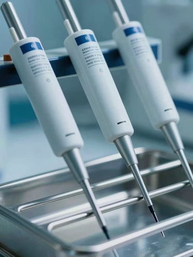 Macro shot of calibrated laboratory pipettes arranged in a sterile stainless steel rack, cool blue lighting, clinical environment