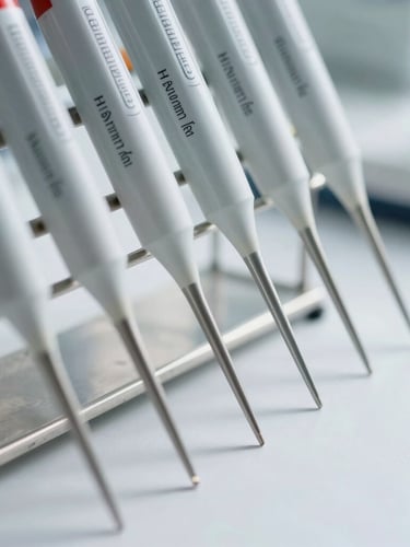 Macro close-up of calibrated laboratory pipettes arranged in a sterile metal rack, high-key white light, sharp clinical shadows