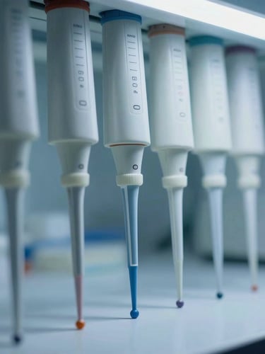 Macro close-up shot of sterile, calibrated laboratory pipettes arranged in a precise technical grid under clinical cool blue light.