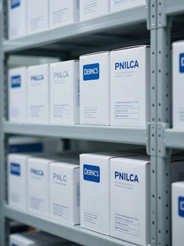 Macro shot of organized scientific warehouse logistics, batch-certified boxes stacked on clean metal shelving under clinical cool white light