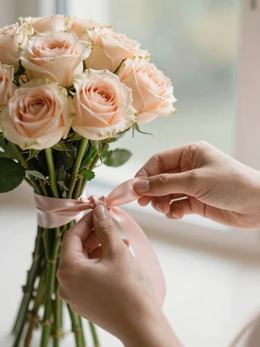 Close-up of hands gently tying a soft pink satin ribbon around a fresh bouquet of blush roses, warm morning window light, shallow depth of field, 35mm