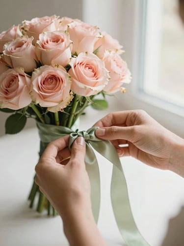 Close-up of hands gently tying a soft sage green satin ribbon around a fresh blush pink rose bouquet, warm diffused morning window light, shallow depth of field, 35mm