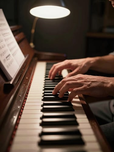 Close-up of hands pressing piano keys in a dimly lit studio, single overhead lamp casting a warm pool of light on the keys, sheet music and a notepad visible at the far edge of the frame