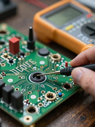 Macro shot of a high-precision digital multimeter testing a complex green circuit board, sharp industrial lighting, shallow depth of field, technical focus.