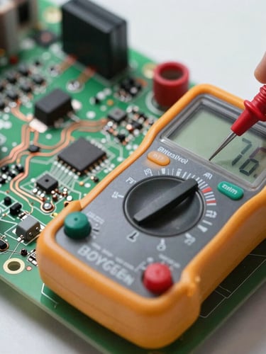 Macro shot of a digital multimeter testing a complex refrigerator control board, sharp workshop lighting, copper traces and solder points visible.