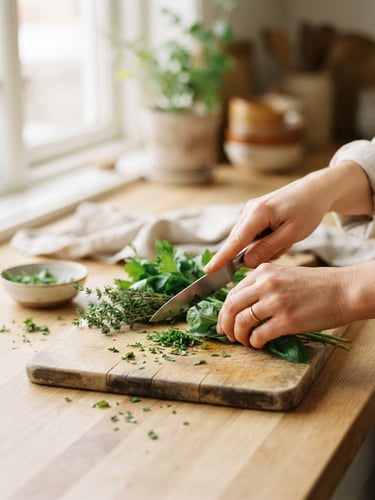 Bright editorial portrait of hands effortlessly prepping fresh herbs on a clean light wood counter, soft natural daylight from a north-facing window, shallow depth of field, warm neutral tones.
