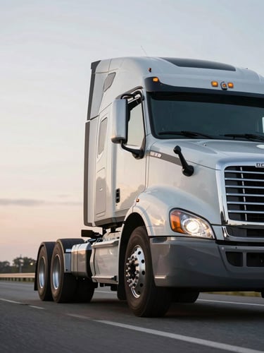 Low-angle heroic shot of a heavy Class 8 semi-truck in motion on an open highway under overcast morning skies, chrome details reflecting soft light.