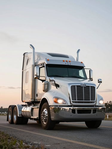 Low-angle heroic shot of a clean heavy Class 8 semi-truck on an open highway at early morning golden hour, chrome glinting under overcast skies