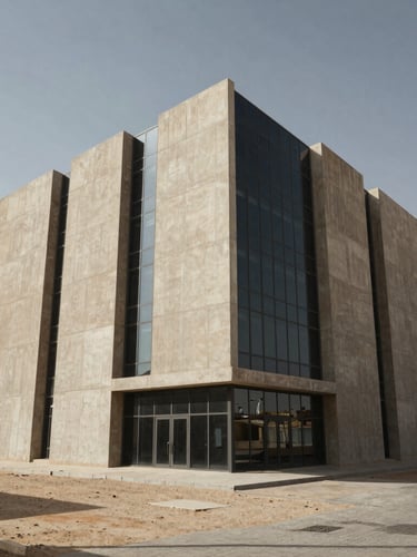 A newly constructed modern concrete and glass commercial building in Baghdad, sharp architectural angles, harsh direct desert daylight, casting deep geometric shadows.