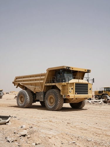 Low-angle documentary shot of heavy transport machinery operating on an active construction site in Iraq, harsh desert daylight with strong shadows, desaturated earth and steel tones.