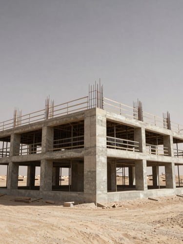 Low-angle documentary shot of a massive concrete foundation structure under construction, harsh desert daylight, high contrast, desaturated earth tones.
