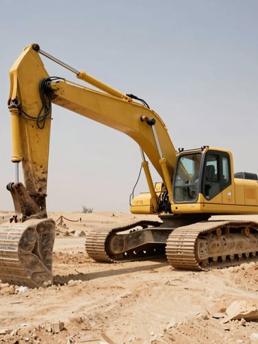 Low-angle industrial shot of heavy yellow excavators operating on a dusty Iraqi construction site, harsh direct desert daylight, strong shadows, desaturated earth tones