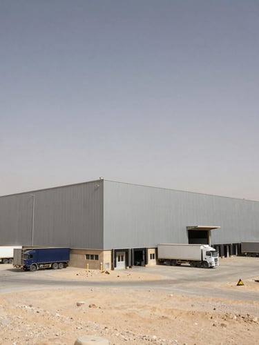 Low-angle wide shot of a massive modern food supply warehouse in Iraq, harsh desert daylight, steel and concrete structure, transport trucks parked at loading docks.