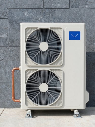Symmetrical front view of a modern outdoor heat pump unit installed perfectly on concrete, clean copper pipings, crisp daylight, cool slate tones