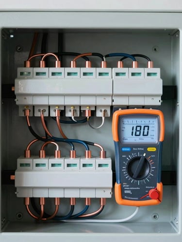 Frontal close-up of a perfectly organized modern electrical panel, clean copper wiring, digital multimeter measuring voltage, bright natural daylight, crisp details, cool slate and electric blue tones, sharp focus