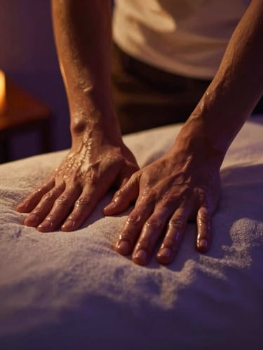 Close-up of skilled hands performing rhythmic therapeutic massage on a linen-covered table, warm low-key golden candle-glow lighting, deep violet shadows, 35mm editorial photography.