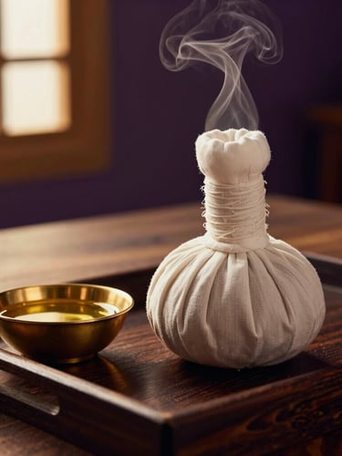 Warm herbal compresses steaming gently on a dark wooden tray next to a small brass bowl of oil, soft side window light, shallow depth of field, rich gold and violet tones.