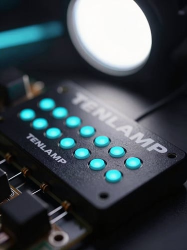 Macro close-up of a TENLAMP sound card with glowing cyan LED indicators, low-key dramatic lighting, sharp studio key light.