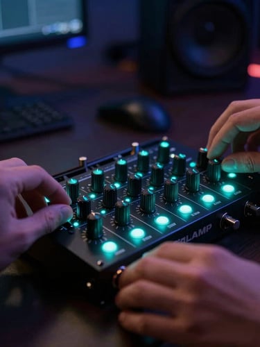 Close-up of a TENLAMP sound card with glowing cyan LED indicators, hands adjusting the reverb dials in a dimly lit studio, low-key dramatic lighting, 50mm lens