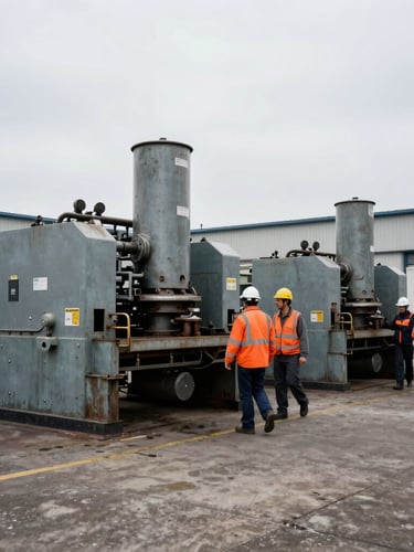 Overcast outdoor shipyard daylight, industrial technicians in safety gear walking past heavy machinery, gritty industrial photography, 35mm.