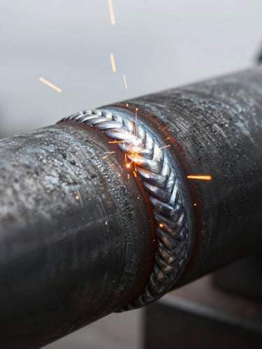 Close-up macro shot of a heavy-gauge steel pipe weld seam, brilliant orange welding sparks spraying, dark desaturated steel tones, sharp focus, 35mm
