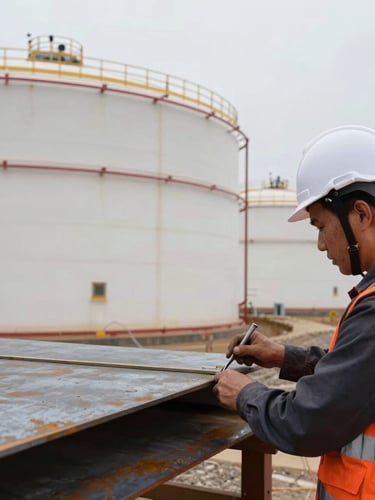 Close-up of a certified inspector measuring steel plate thickness on a massive crude oil storage tank, high-contrast overcast light, gritty industrial photography
