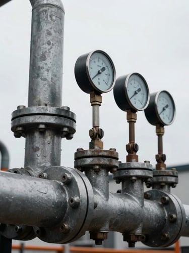 Close-up of industrial instrumentation and gauges on a heavy piping manifold, overcast daylight, high-contrast desaturated steel tones.