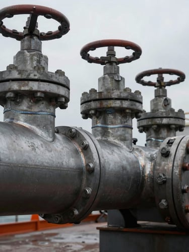 Close-up of industrial high-pressure steel piping manifold, sharp focus on heavy weld seams, dramatic overcast shipyard daylight, 35mm