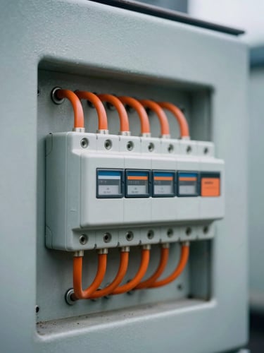 Close-up of industrial electrical control panel, high-contrast orange wires, desaturated steel casing, sharp focus, 35mm.