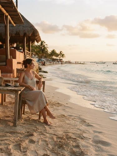 Warm editorial photography of a serene beach in Playa del Carmen at golden hour, low angle, soft terracotta and sand tones, gentle waves, 35mm.
