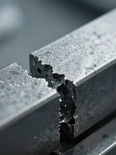 Clinical macro photography of a fractured steel alloy component, highlighting microscopic structural fatigue, harsh direct laboratory lighting, high-contrast details, slate gray tones.