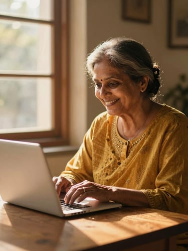 A smiling Indian grandmother sitting at a sunlit wooden table, typing happily on a laptop, soft golden hour window light, warm editorial 35mm photography