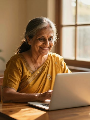 A smiling Indian grandmother sitting at a sunlit wooden table, looking proudly at a laptop, warm golden-hour window light, 35mm portrait