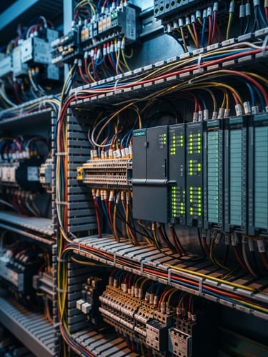 Macro shot of a highly complex electrical panel, neat rows of multicolored wires and glowing green PLC status lights, high-contrast technical lighting, cool blue and amber tones, sharp focus, 35mm