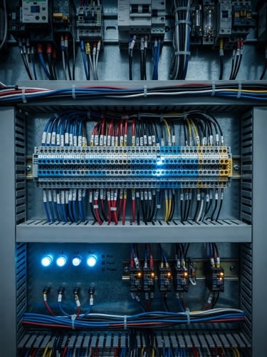 Macro shot of a perfectly wired industrial electrical panel, terminal blocks aligned, cool blue status lights, sharp focus, technical lighting.