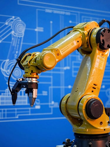 Close-up of a high-tech industrial robotic arm frozen in precise motion, cool blue ambient light with safety orange reflections, sharp focus, technical blueprint schematics overlaid faintly in background